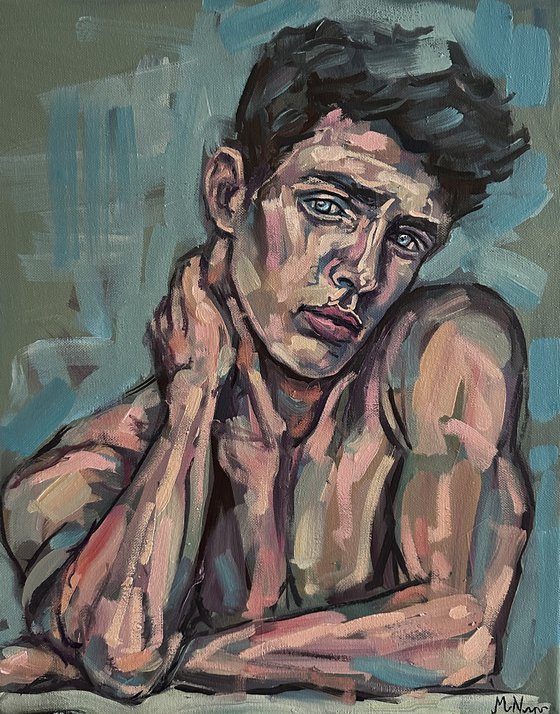 Young man painting, male nude, gay erotic art