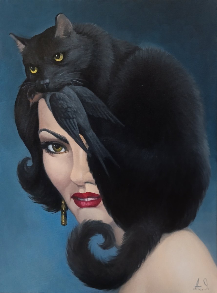 Black cat 30x40cm, oil painting, surrealistic artwork by Artus Voskanian