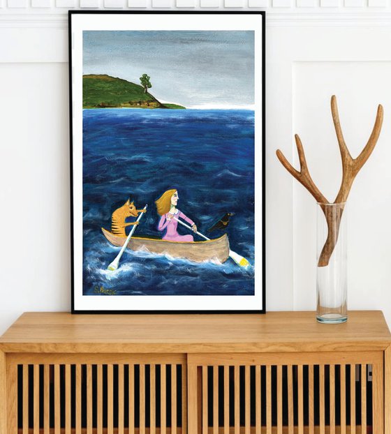 Whimsical Artwork - Illustration Lady with Tasmanian Tiger in canoe boat bird