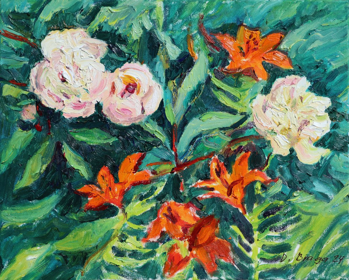 Expressive Botanical Oil Painting By Dima Braga, 20 X 16, Peonies And Orange Lilies, Original Artwork