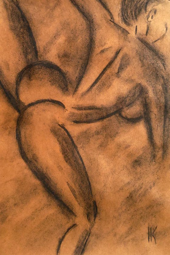 Nude Drawing Female Original Art  Woman Painting Nude Yoga Girl Charcoal Artwork Erotic Home Wall Art 12 by 17" by Halyna Kirichenko