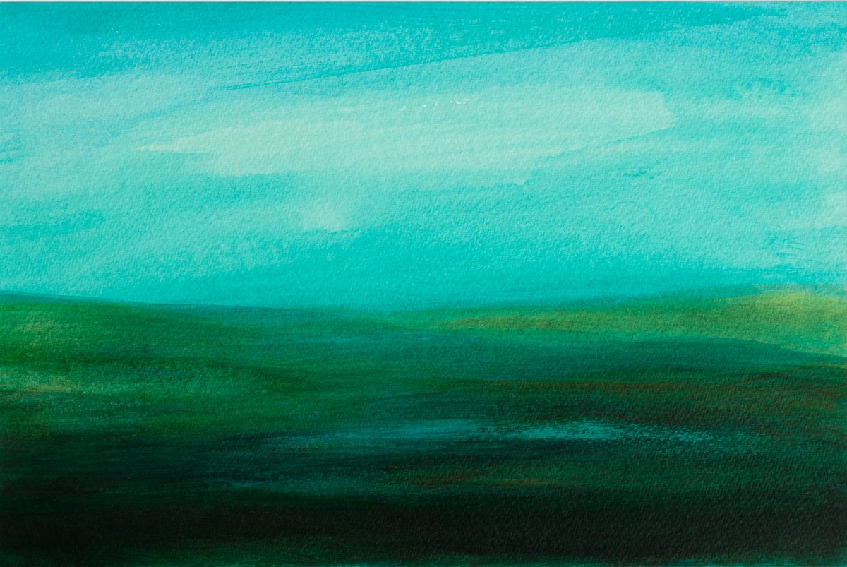 Abstract Landscape Acrylic Painting By Fabienne Monestier, 12 X 8, Blue Teal Horizon, Original Artwork