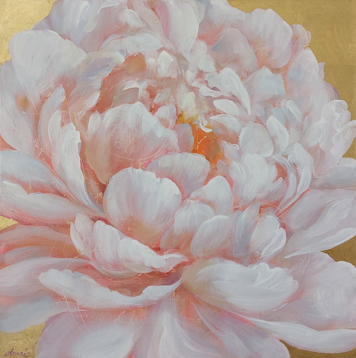 Impressionistic Botanical Acrylic Painting By Anna Silabrama, 39 X 39, - ?Golden Bloom - ?, Original Artwork