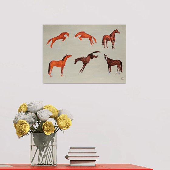 Six chestnut minimalist horses in motion