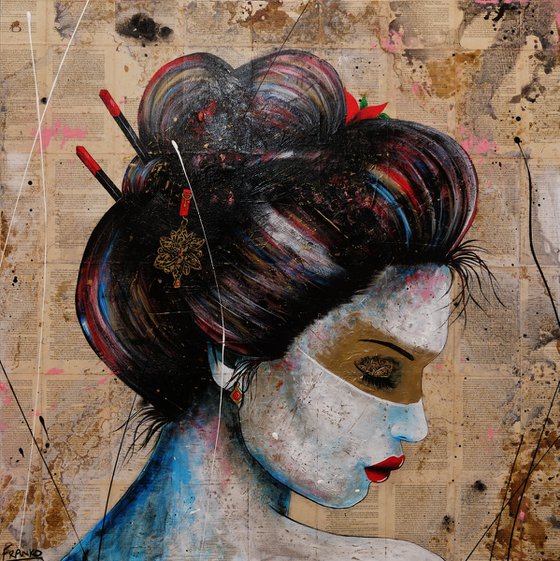 Calming Serenity 120cm x 120cm Geisha Book Page Urban Pop Art