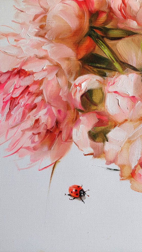 Peony oil painting original canvas art, Lady bug Pink flowers oil artwork