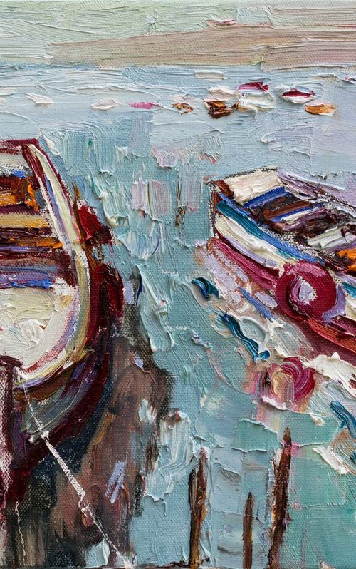Rowing boats - Original oil seascape painting by Anastasiia Valiulina