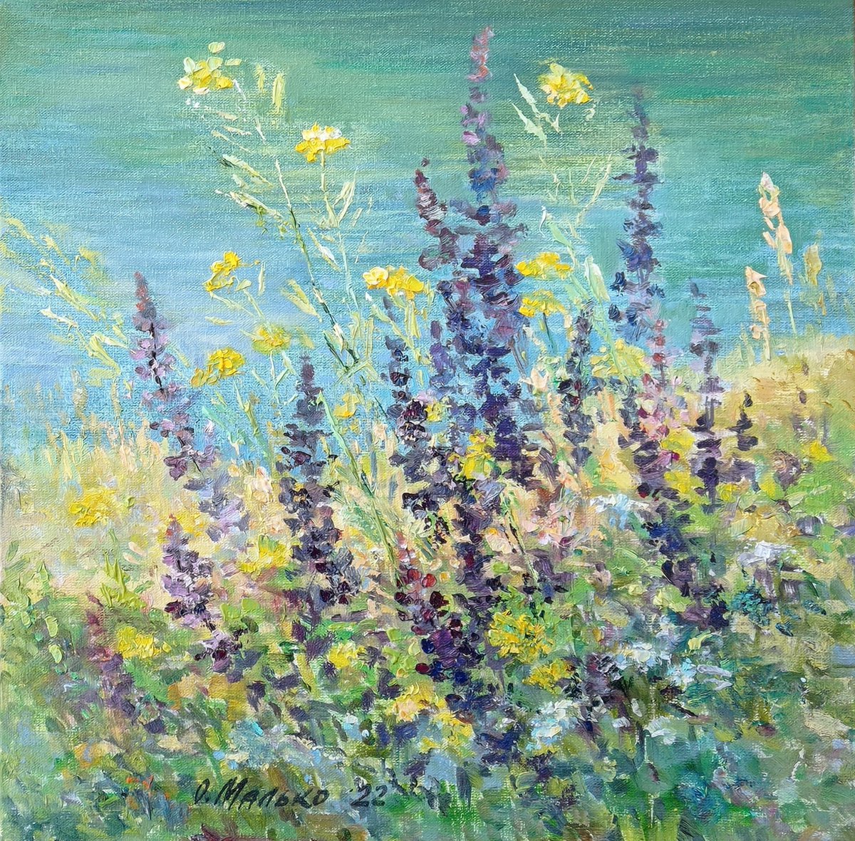 Wild flowers near water / Original oil painting Summer flowering meadow Herbs Square pictu... by Olha Malko