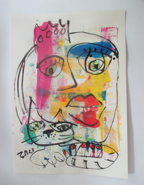 expressive queen with cat 23,6 x 16,5 inch unique mixedmedia drawing