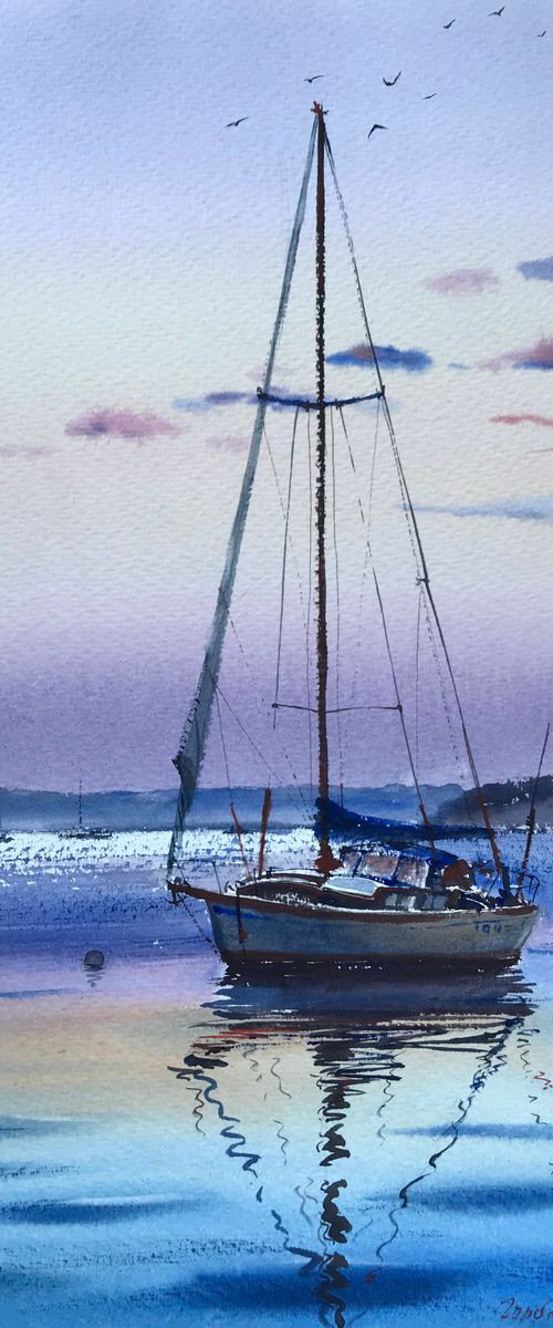 Yacht at sunset by Eugenia Gorbacheva