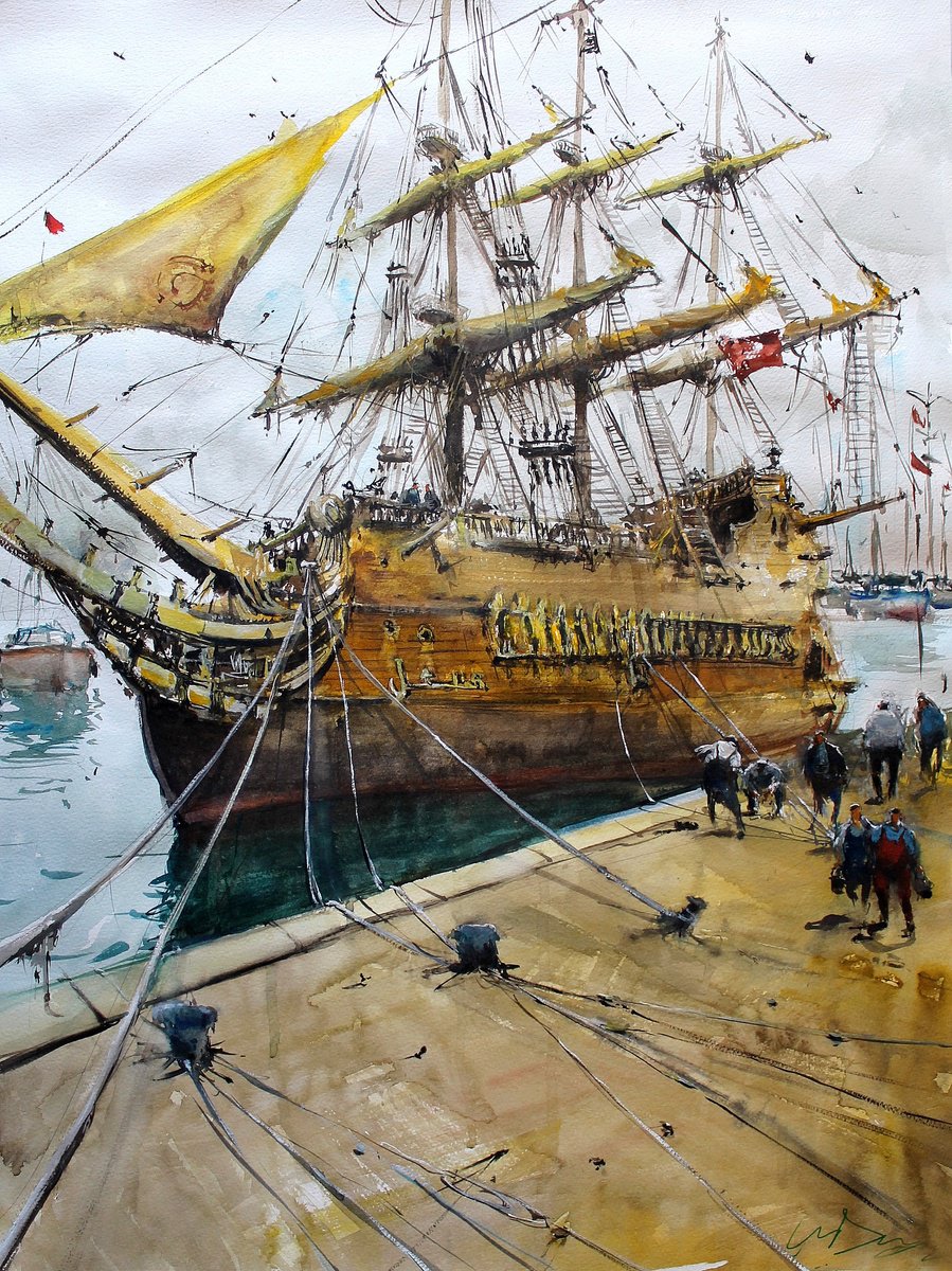 Impressionistic Landscape Watercolour By Maximo Damico, 23 X 28", Pirate Vessel, Original Artwork