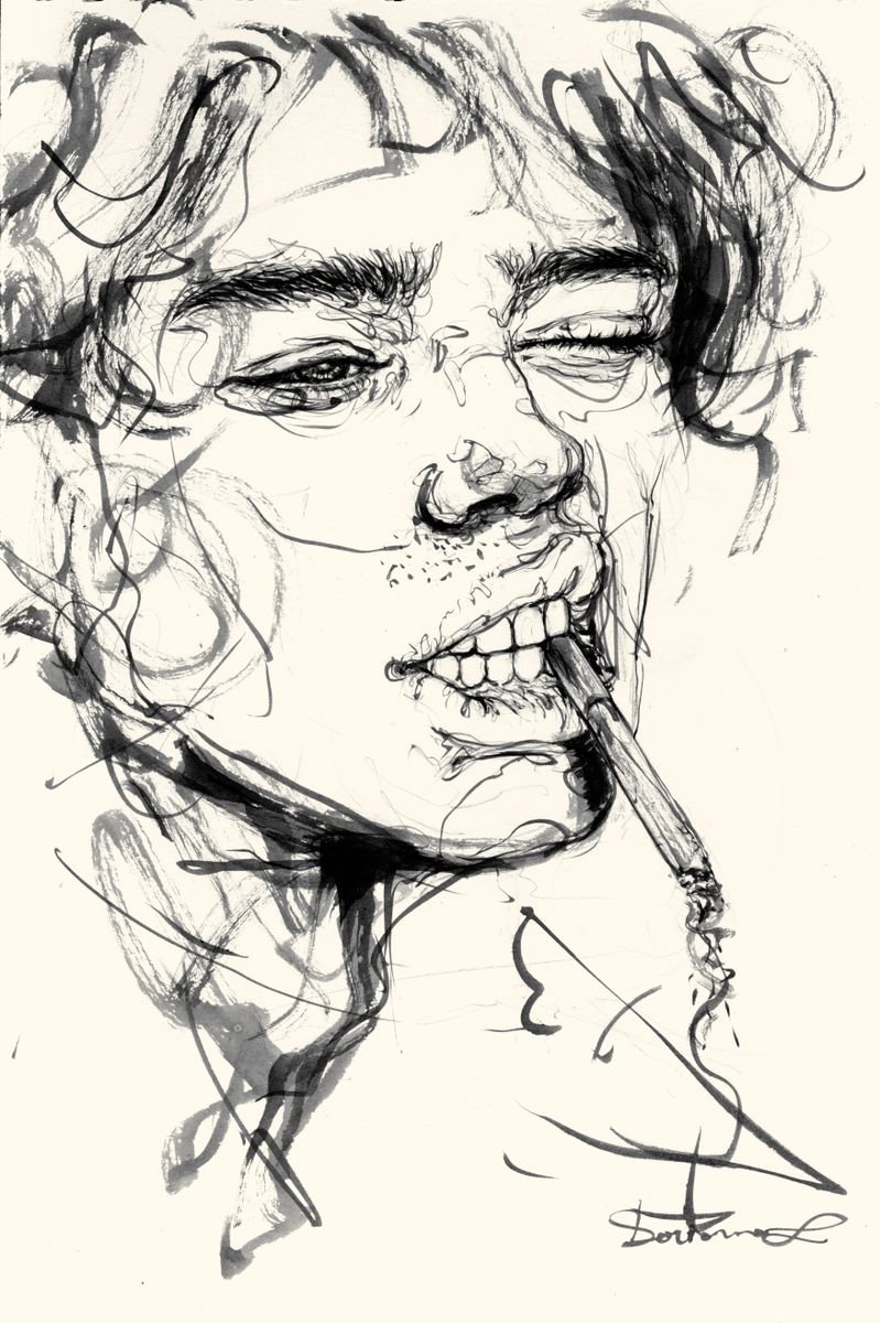 Expressive Portrait Ink Drawing By Doriana Popa, 6 X 9, Smokinggg, Original Artwork
