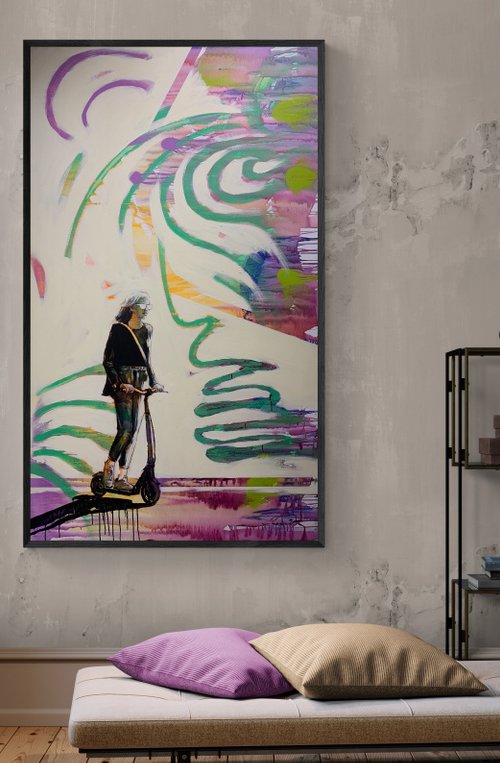 XXXL Super big painting - "Summer day" - Pop Art - Street - City - Girl - Scooter by Yaroslav Yasenev