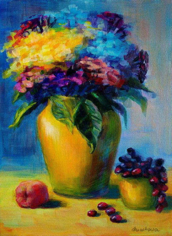 Sunny Still life with flowers and fruits