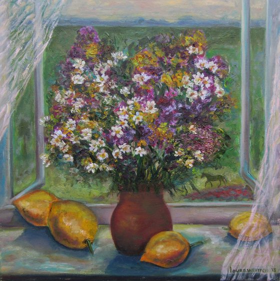 The Joy of Summer flowers Impressionism Original (Monet style) Artwork with Floral Gift on a Windowsill White Curtain with Yelliw Lemons and a View of Countryside Hills Horse Fields Summertime Love Gift Kitchen Art
