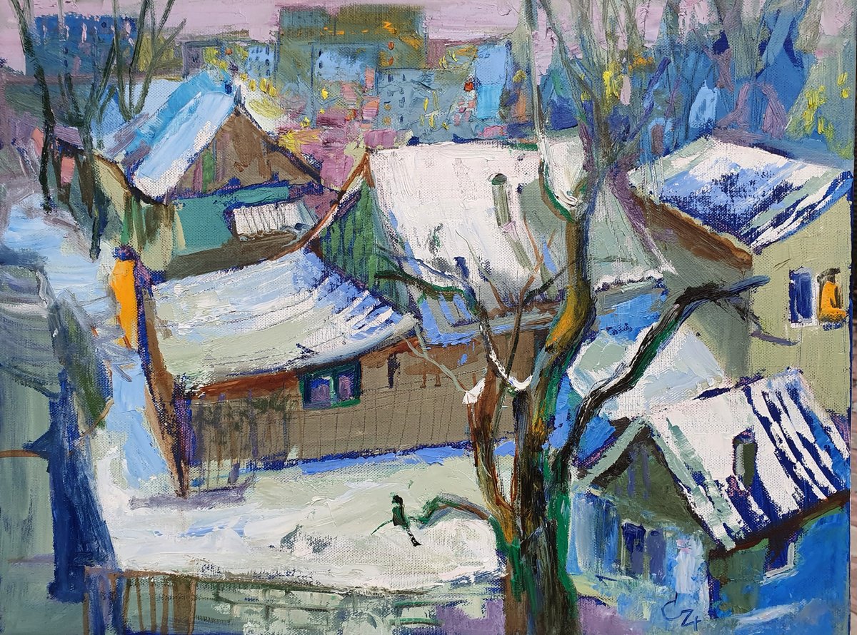 Impressionistic Landscape Oil Painting By Victoria Cozmolici, 26 X 20", From The Window, Original Artwork