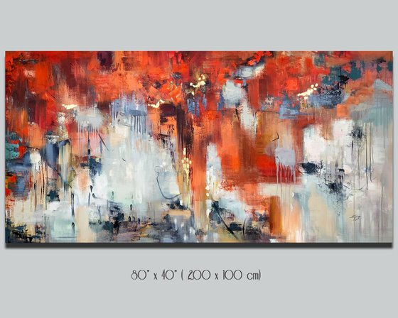 Turn Over - Extra Large Abstract Painting 80" x 40" , Oversize Canvas, Red, Gray, Gold Leaf Soft Colors White Gray Painting
