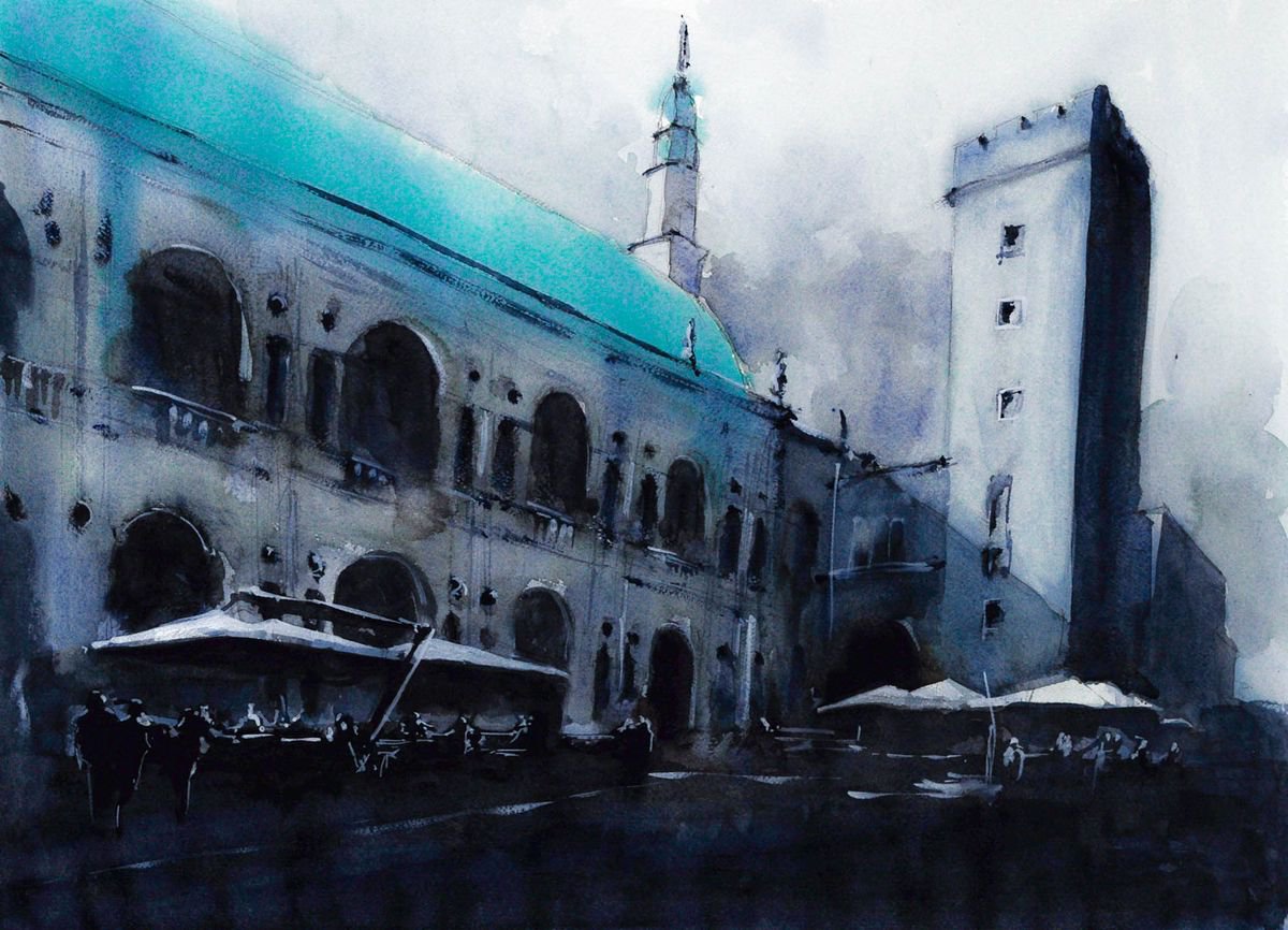 Impressionistic Cityscapes Watercolour By Flavio Furlan, 30 X 21, Vicenza Basilica Palladiana, Original Artwork