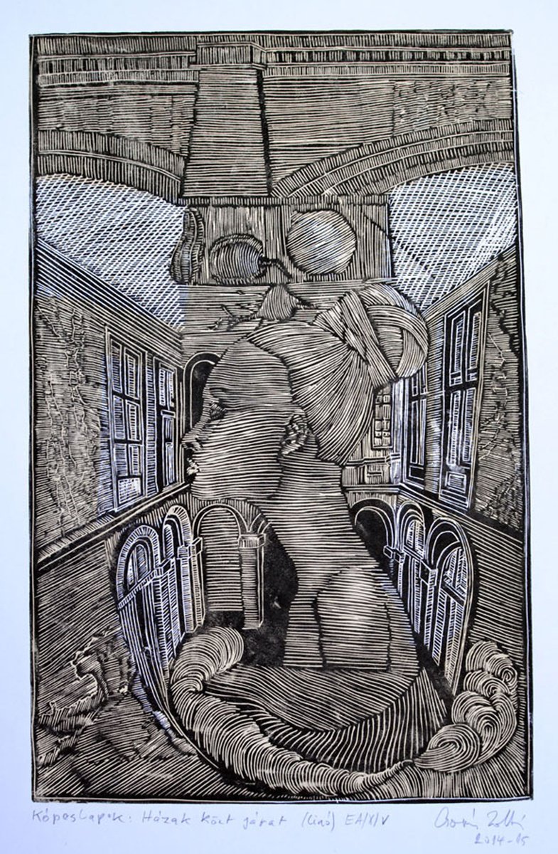 Surrealistic Portrait Linocut By Zoltan Csomos, 20 X 28", The Soul Of The House, Original Artwork