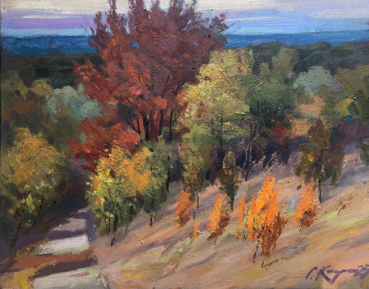 Impressionistic Landscape Acrylic Painting By Sergey Kachin, 28 X 22", Autumn Morning, Original Artwork