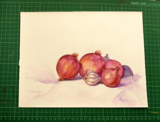 Still life with onions watercolor alla-prima painting  26