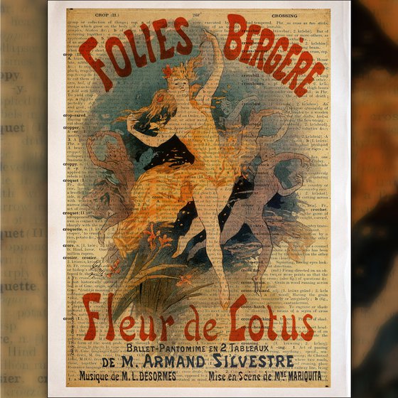 Folies Bergere Fleur de Lotus - Collage Art Print on Large Real English Dictionary Vintage Book Page