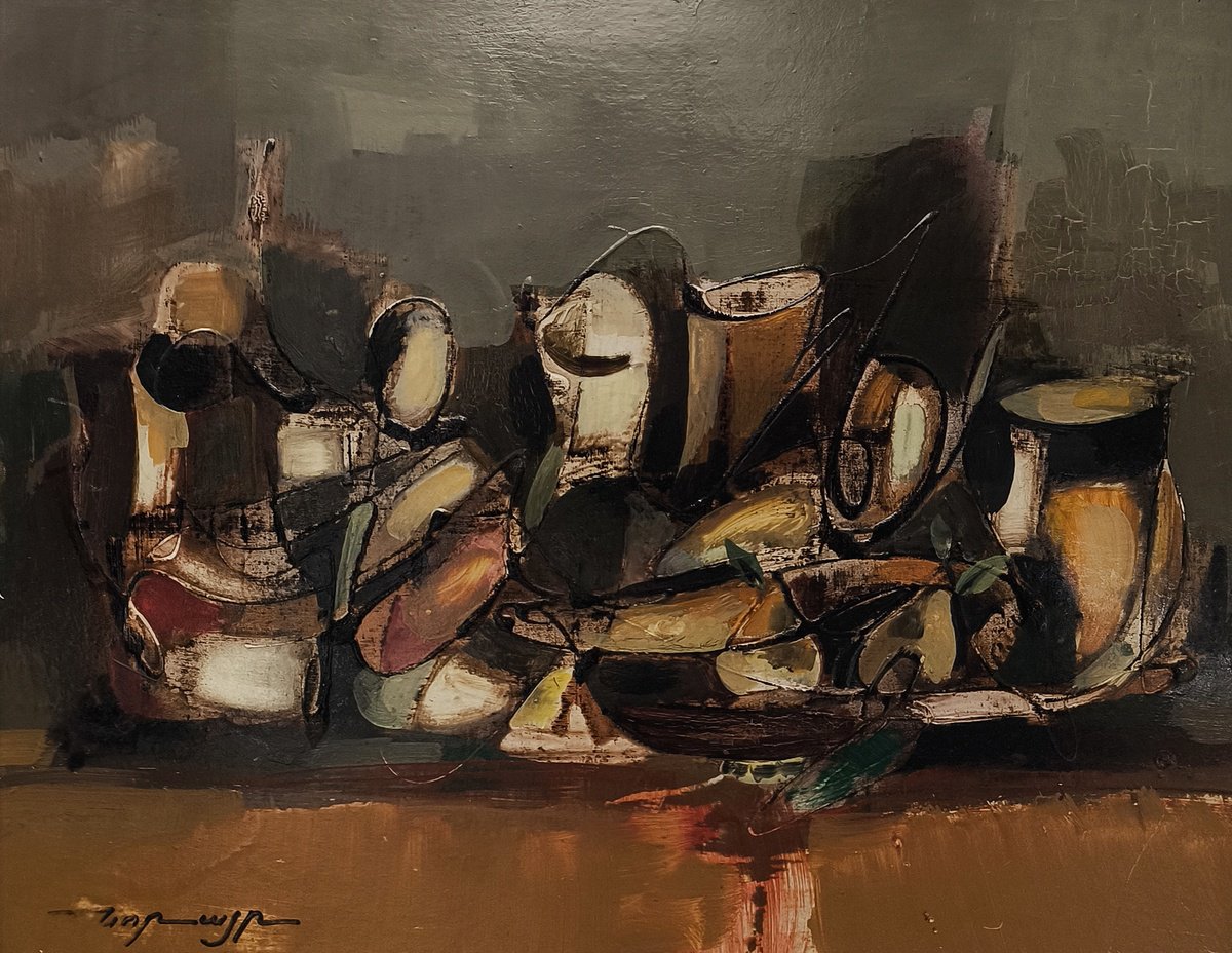 Abstract Oil Painting By Norayr Gevorgyan, 18 X 14", Muted Reflections, Original Artwork