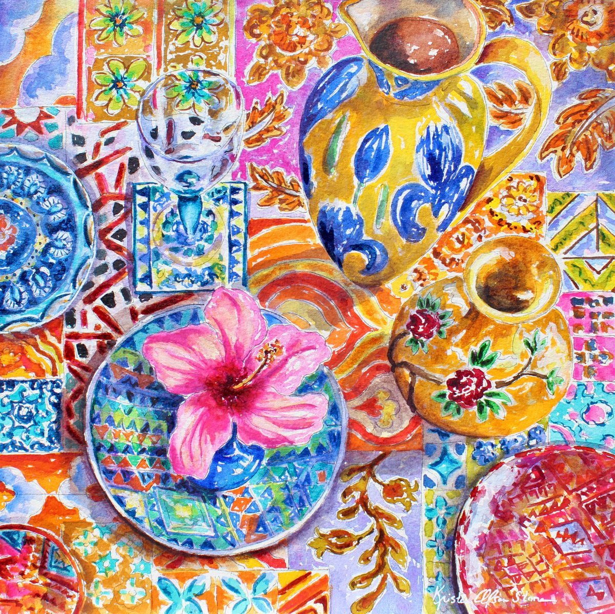 Impressionistic Botanical Watercolour By Kristen Olson Stone, 12 X 12", Hibiscus Tea, Original Artwork