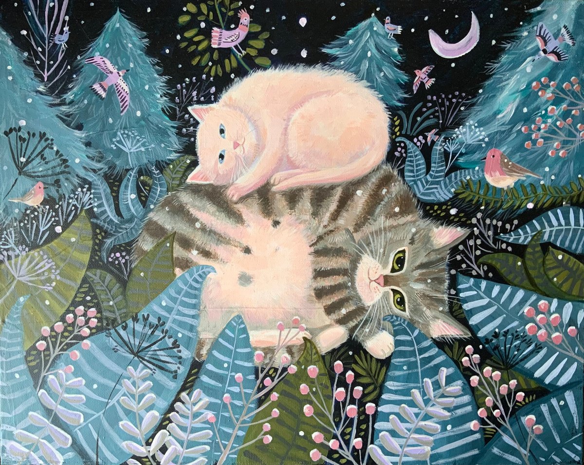 Impressionistic Animal Acrylic Painting By Mary Stubberfield, 20 X 16", Winter Cat Nap, Original Artwork