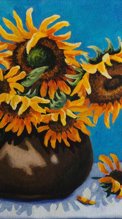 Sunflowers in Brown Vase by Ruth Archer