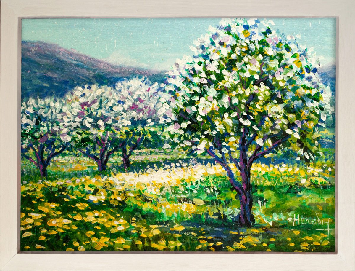 Impressionistic Landscape Acrylic Painting By Aleksandr Neliubin, 17 X 13, Sunny Rain, Original Artwork