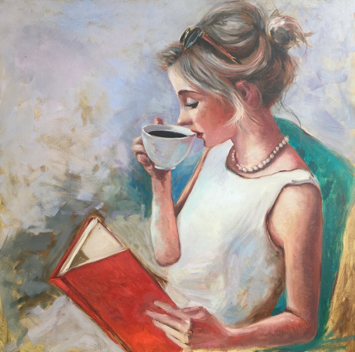 Woman drinks coffee, Coffee time, people painting by Leo Khomich