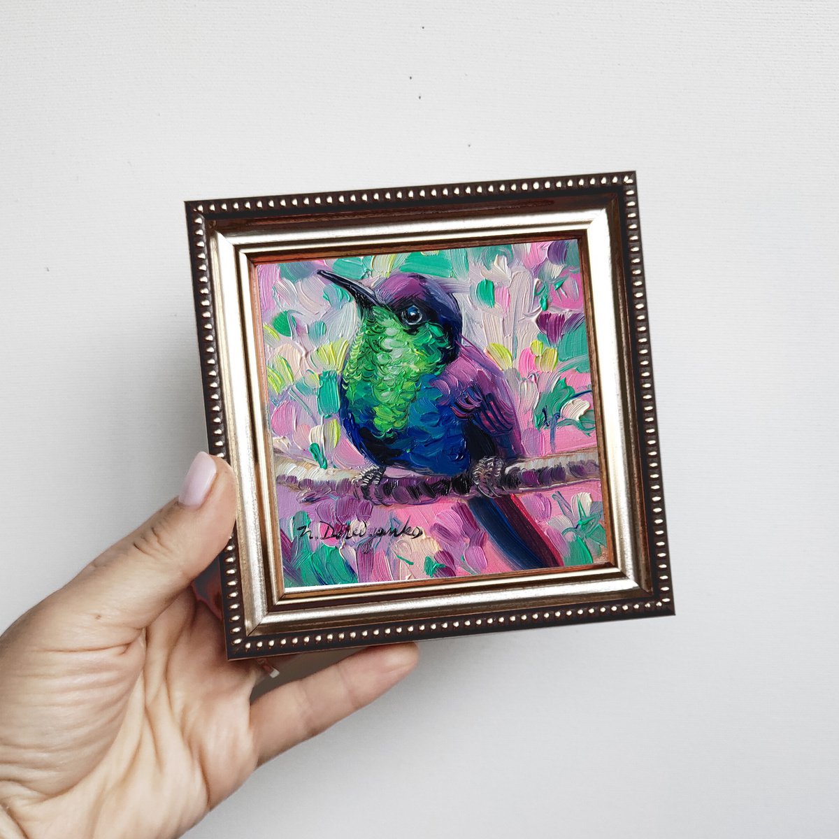 Hummingbird oil painting original 4x4, Bird oil painting cute gift for women, Animal art w... by Nataly Derevyanko