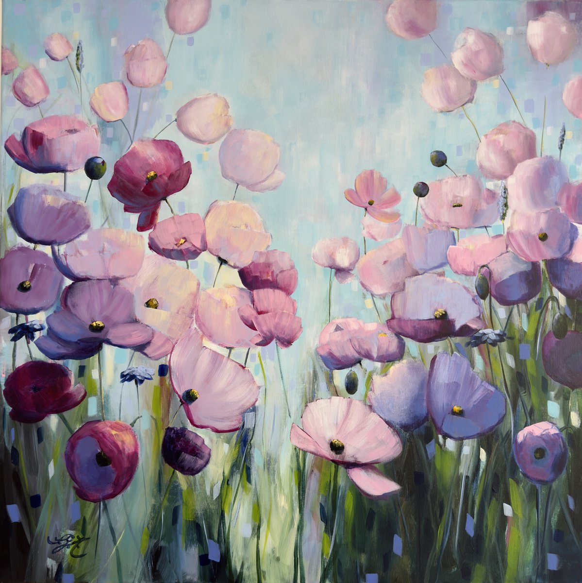 Impressionistic Botanical Acrylic Painting By Sandra Gebhardt-Hoepfner, 31 X 31", Poppies Land 14, Original Artwork