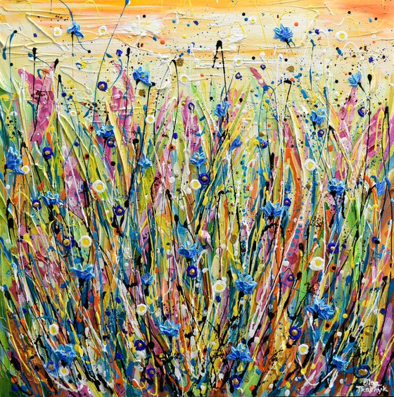 Cornflower Meadow - Abstract Floral Painting, Wildflower Field Textured Wall Art