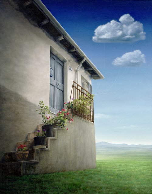 The House on the Hill (surrealist nature clouds blue door) by Marlene Llanes