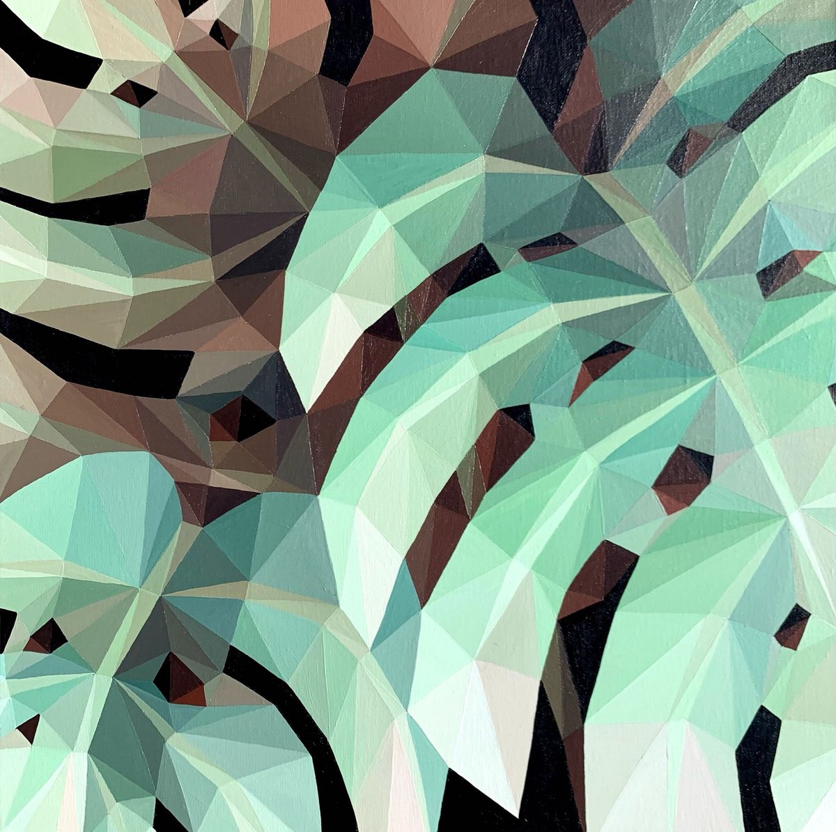 Geometric Botanical Acrylic Painting By Maria Tuzhilkina, 20 X 20", Monstera Leaves, Original Artwork