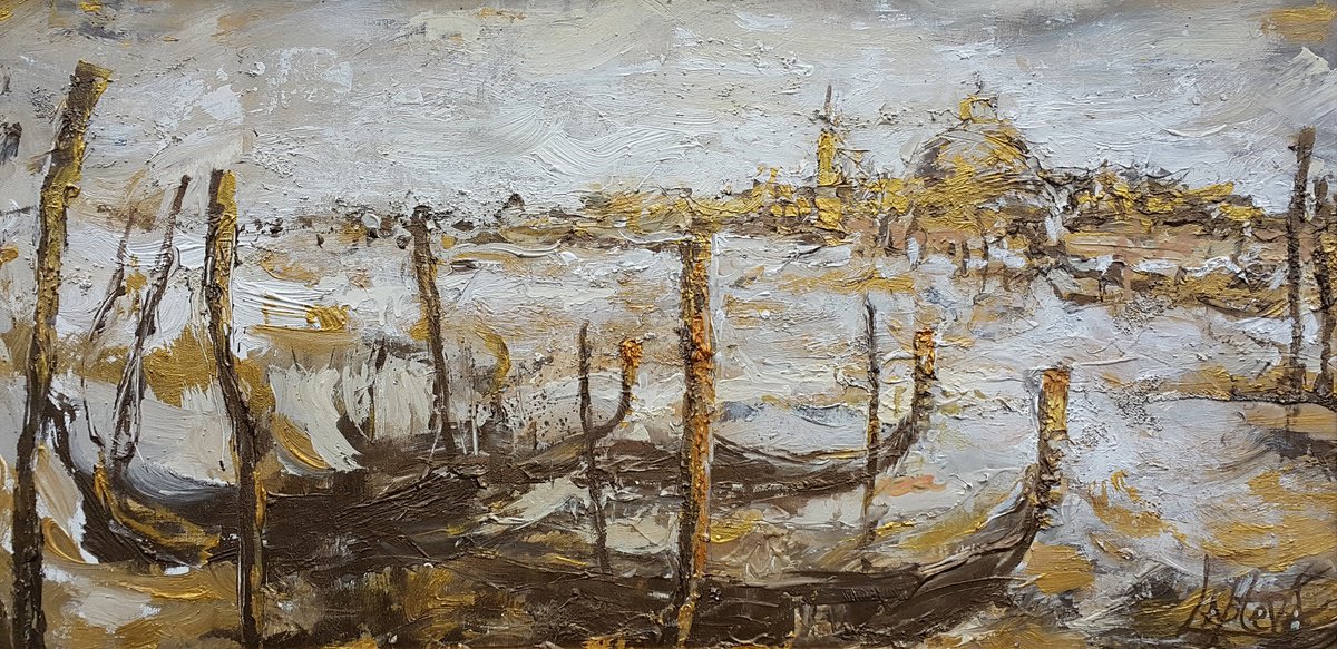 Impressionistic Cityscapes Acrylic Painting By Viktoria Lapteva, 35 X 20", Venice Gondolas, Original Artwork