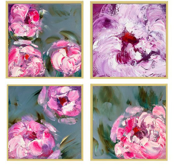 EXTRAVAGANZA - Peonies set. Colorful flowers. Lush buds. A riot of colors. Dance. Pink. Original.