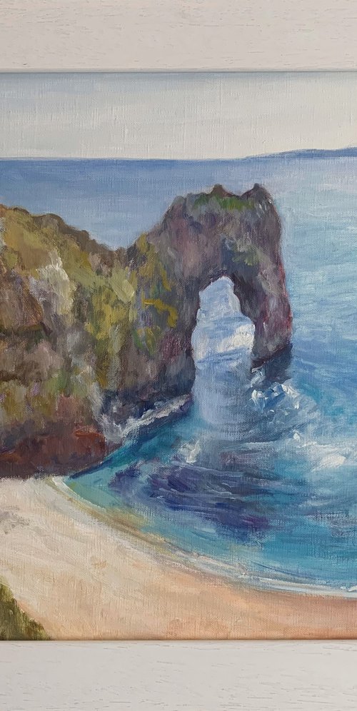 Durdle Door-Impressionist beach oil painting. 50x40cm framed ready to hang. by Jackie Smith