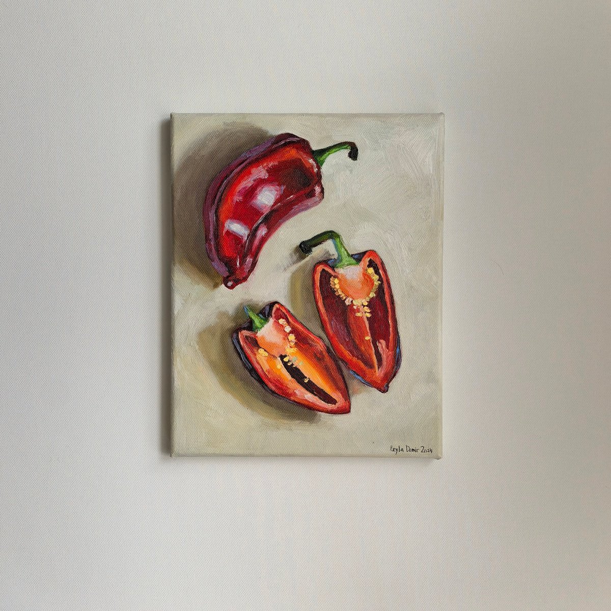 Photorealistic Still Life Oil Painting By Leyla Demir, 9 X 12", Red Still Life With Paprika, Original Artwork