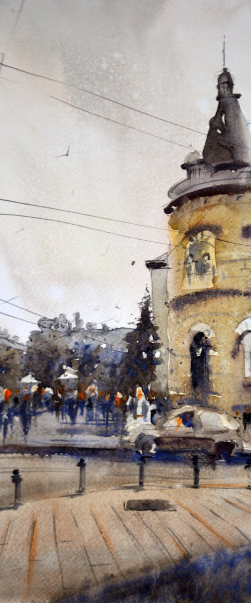 SKC with hotel Park in background 16x34cm 2019 by Nenad Kojić watercolorist