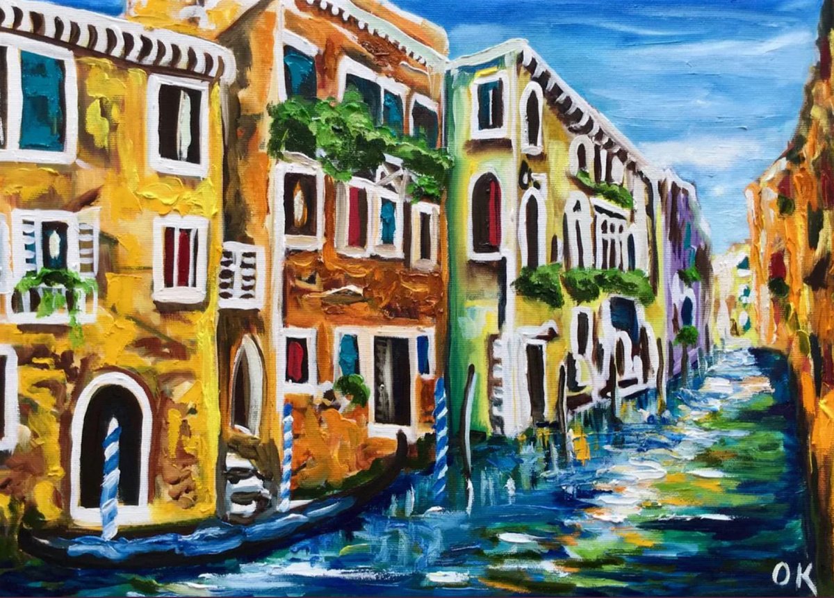 Expressive Landscape Oil Painting By Olga Koval, 20 X 14", Venice . . Venetian Canal., Original Artwork