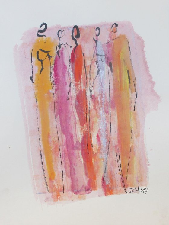 elegant girls on red carpet gouache drawing on paper 12,6x9,5 inch