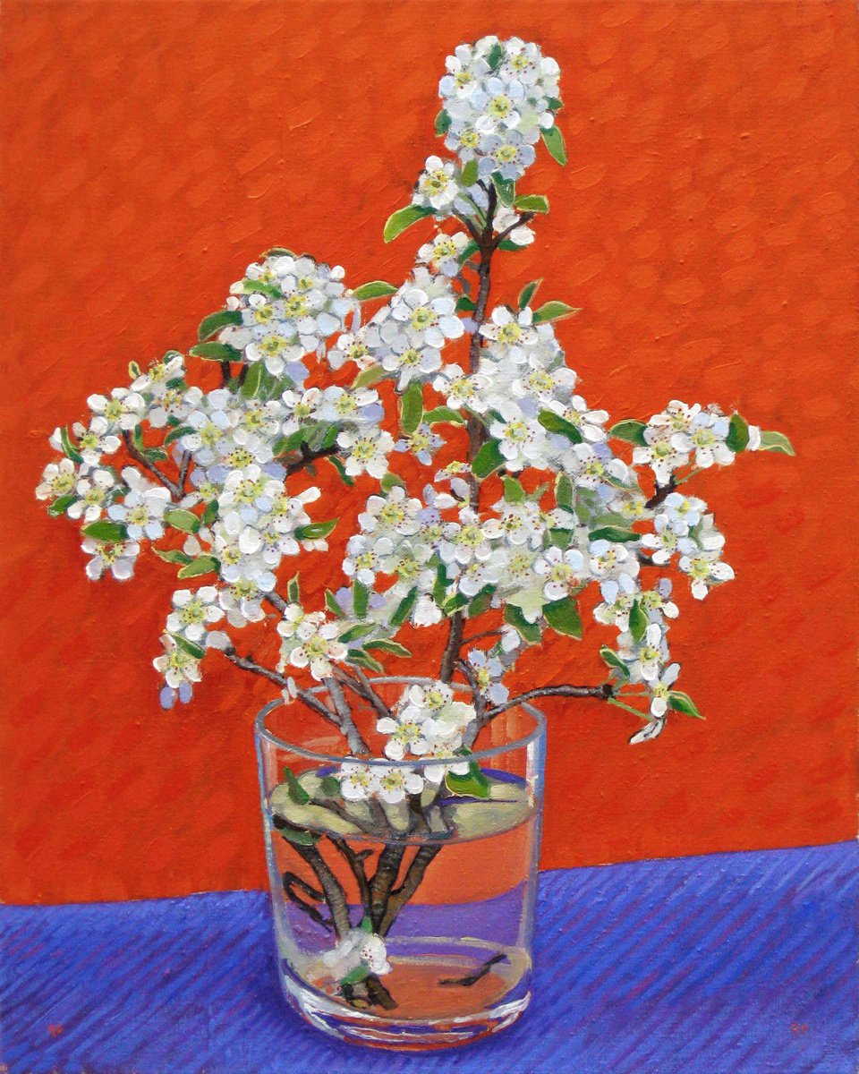 Pear Blossom against a Red Background by Richard Gibson
