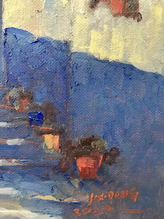 Original Oil Painting Wall Art Signed unframed Hand Made Jixiang Dong Canvas 25cm × 20cm Cityscape Street in Skiathos Greece Small Impressionism Impasto