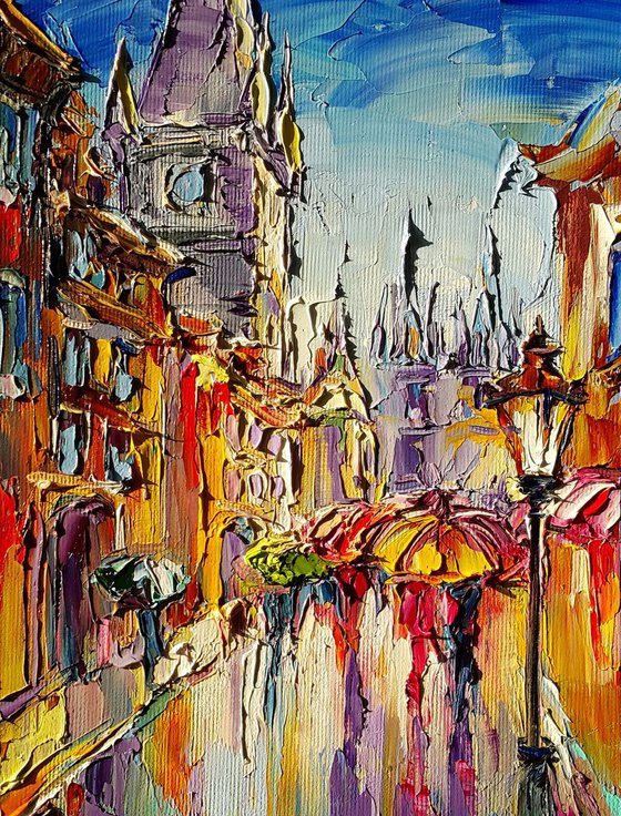 Сolorful umbrellas of Prague, cityscape oil painting, FREE SHIPPING