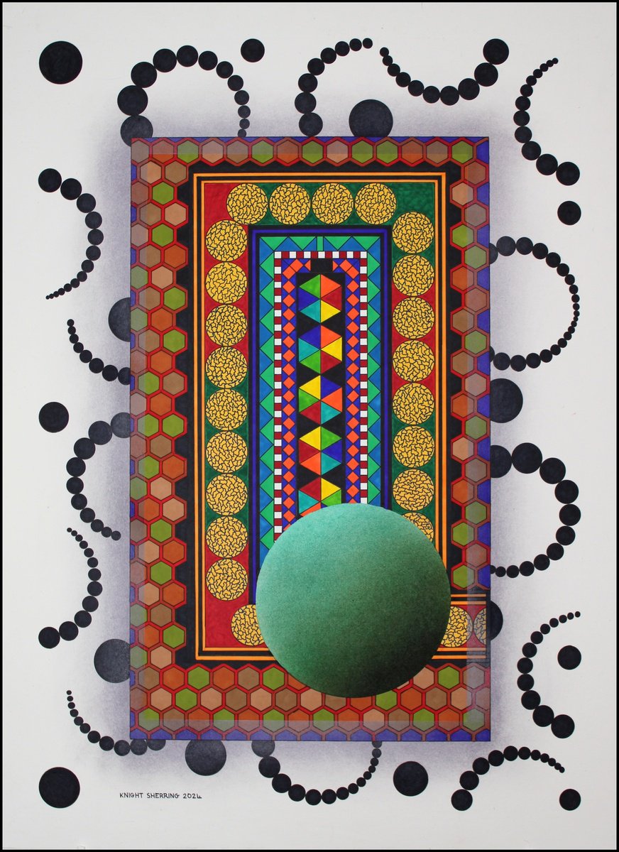 Geometric Abstract Ink Drawing By Knight Sherring, 22 X 30", Peripheral Vision., Original Artwork