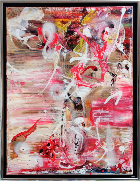 Framed red and white gestural action painting abstract still life pot with flowers O KLOSKA