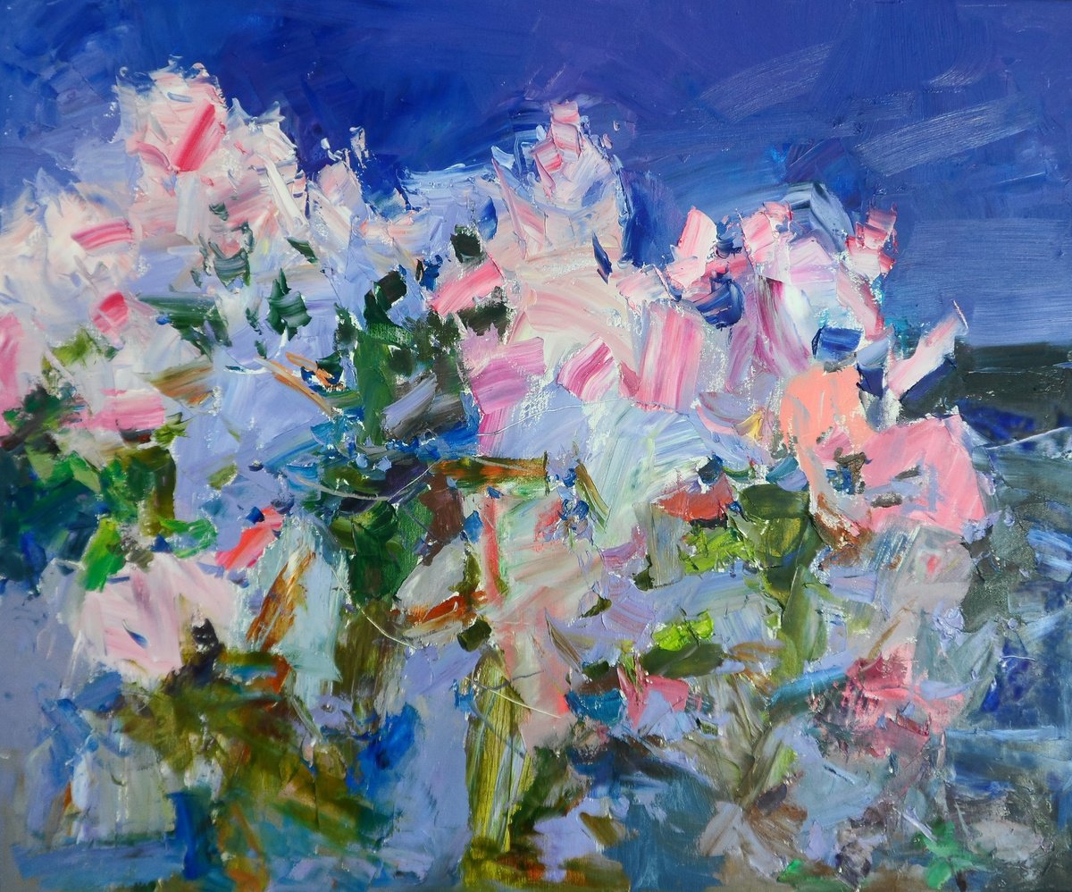 Impressionistic Landscape Oil Painting By Yehor Dulin, 33 X 28", Night Magical Garden, Original Artwork